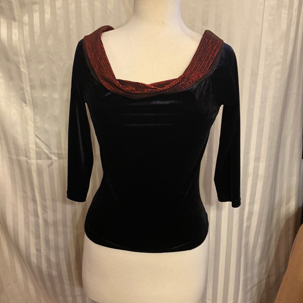 All that jazz size medium evening top. Black Spandex velour with red trim